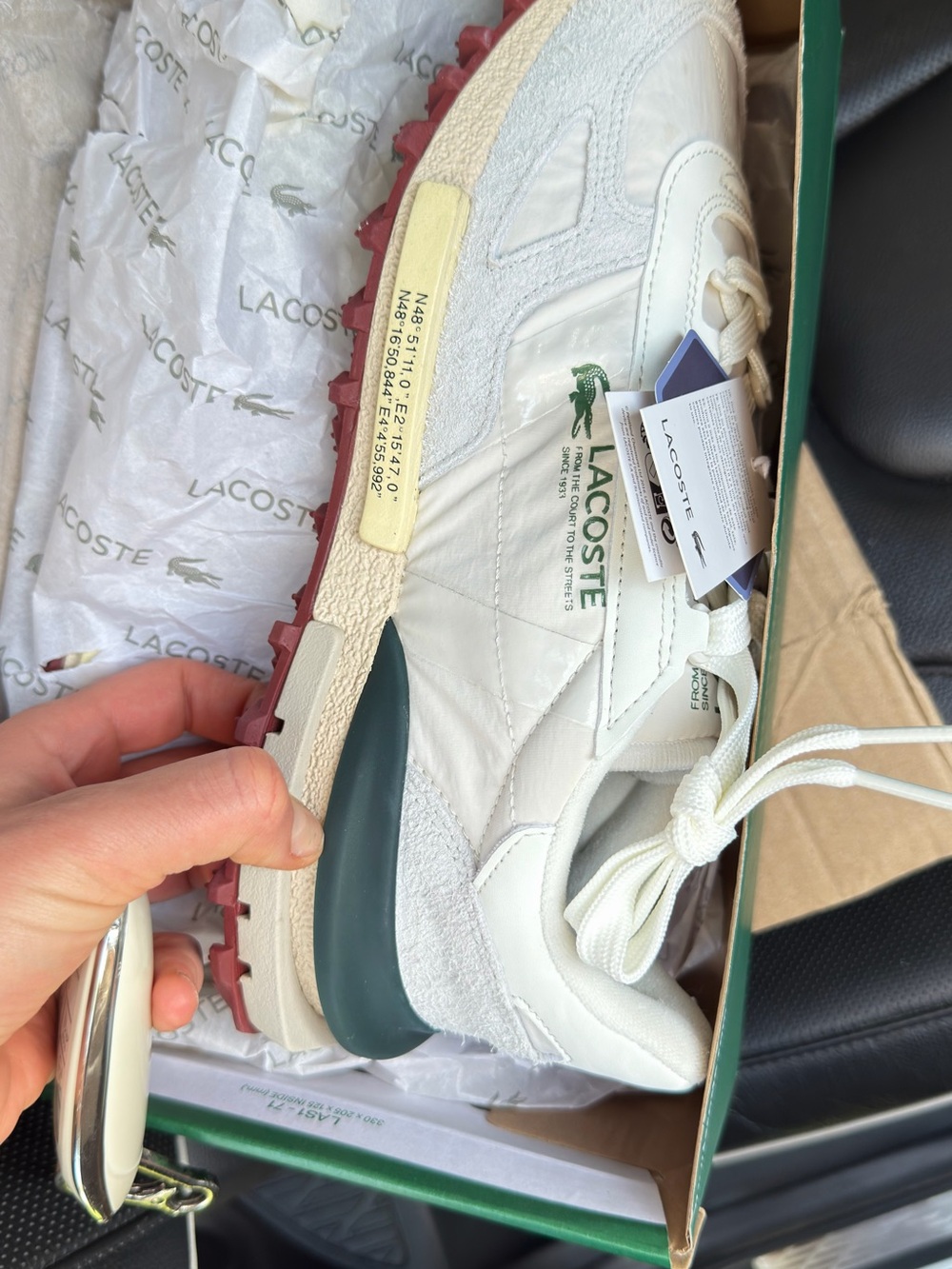 Lacoste White Leather Retro Runner with Green Croc and Red Outsole